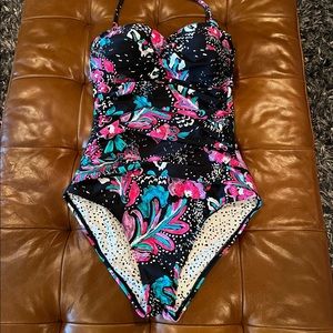 Ruched Floral Strapless One-Piece Swimsuit with Removable Strap Size 8